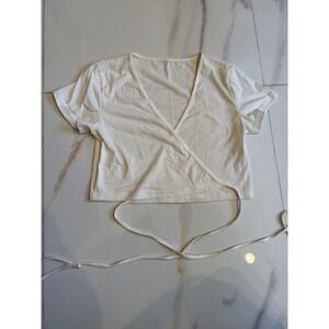Unbranded White Short Sleeve Wrap Crop Top V-Neck Tie‎ Waist Tee Womens
